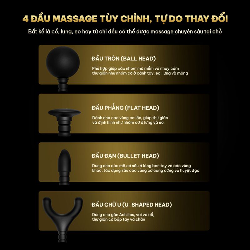 4 đầu massage chuyên biệt, dễ dàng thay đổi với KATA MG22Pro
